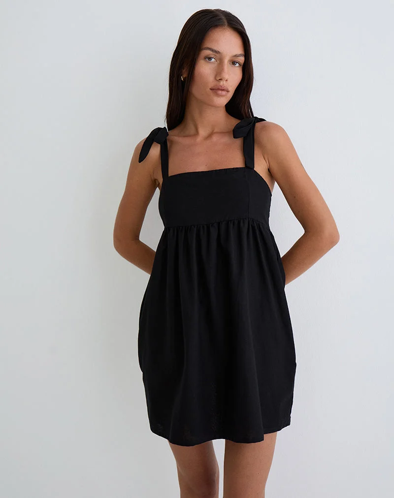 Kayla - Mini robe à encolure carrée, lin, noir