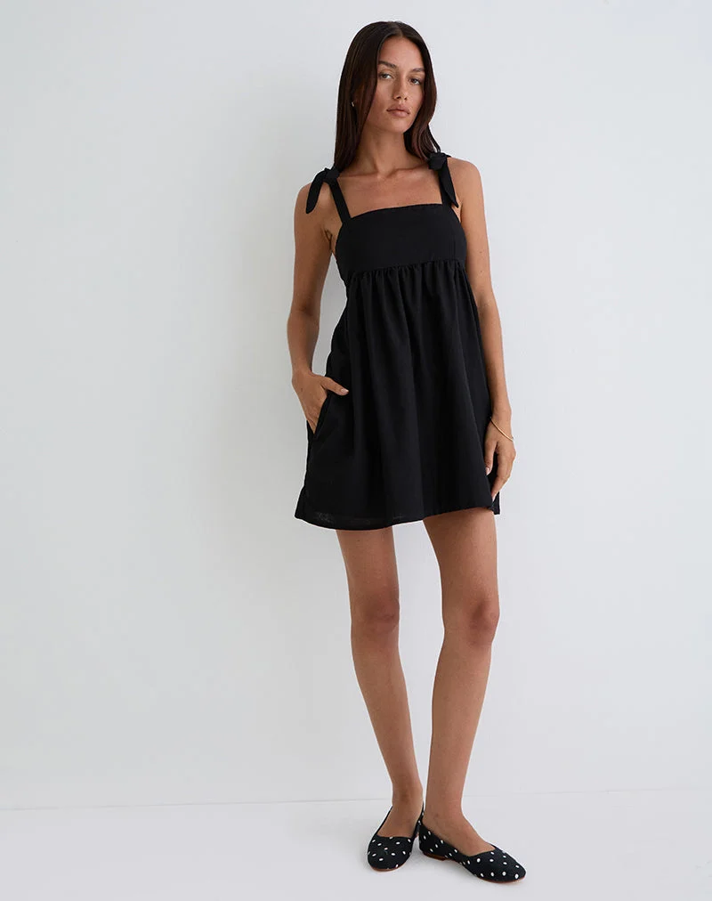 Kayla - Mini robe à encolure carrée, lin, noir