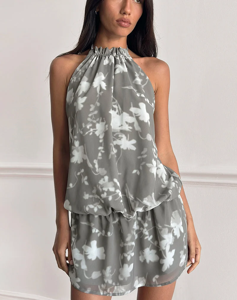 Mini-robe Veloria à col licou, motif floral estompé, gris