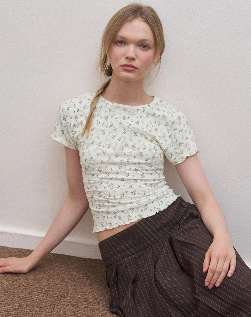 Luyu Short Sleeve Top in Floral Lace Ivory (Top à manches courtes en dentelle florale)
