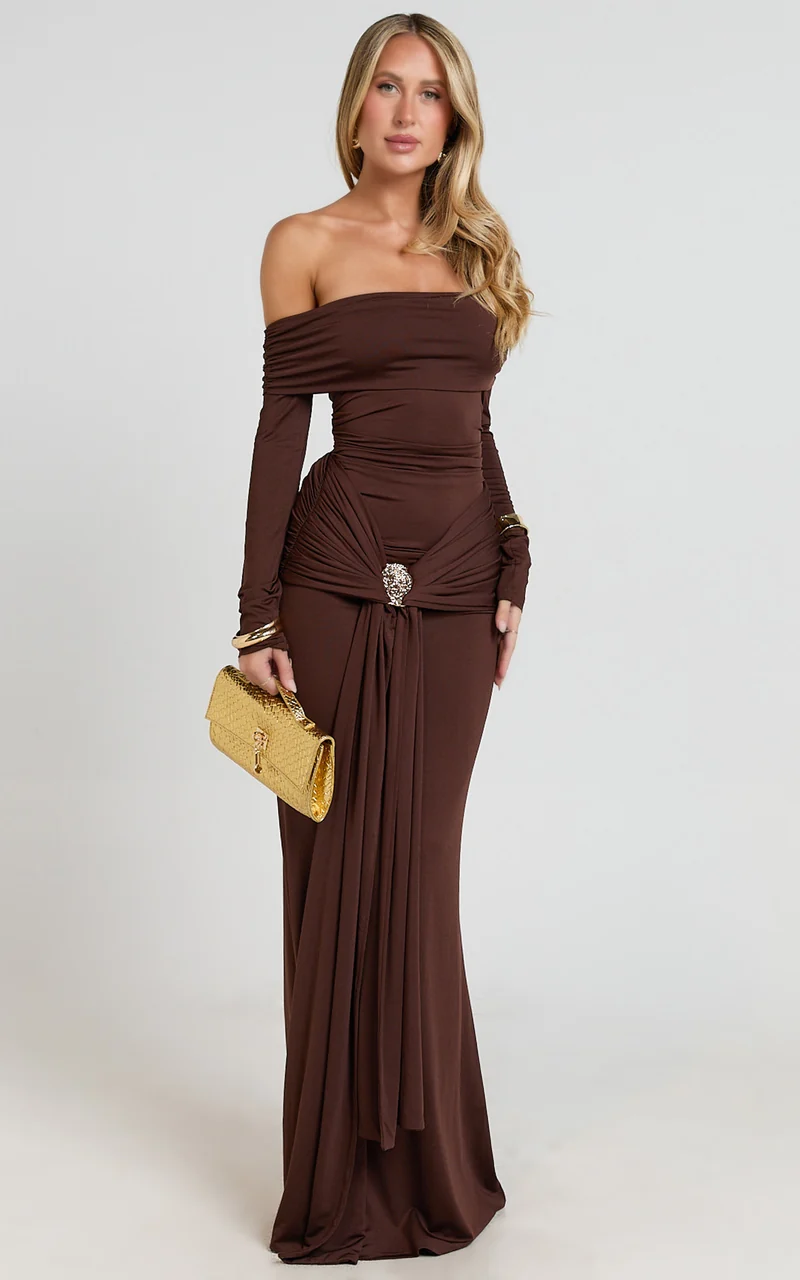 Trish Maxi Dress - Off Shoulder Hardware Trim Bodycon Dress in Chocolate