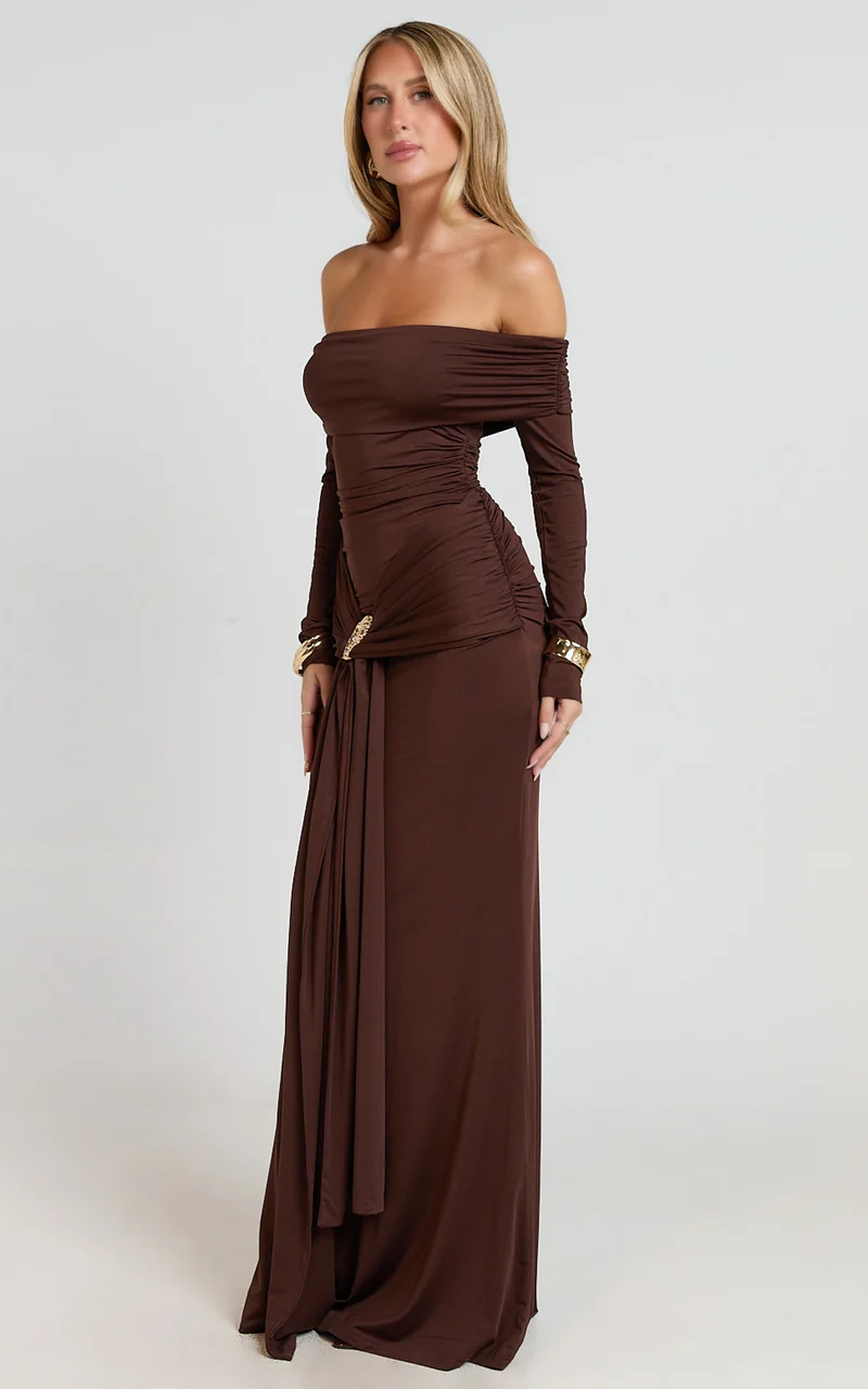 Trish Maxi Dress - Off Shoulder Hardware Trim Bodycon Dress in Chocolate