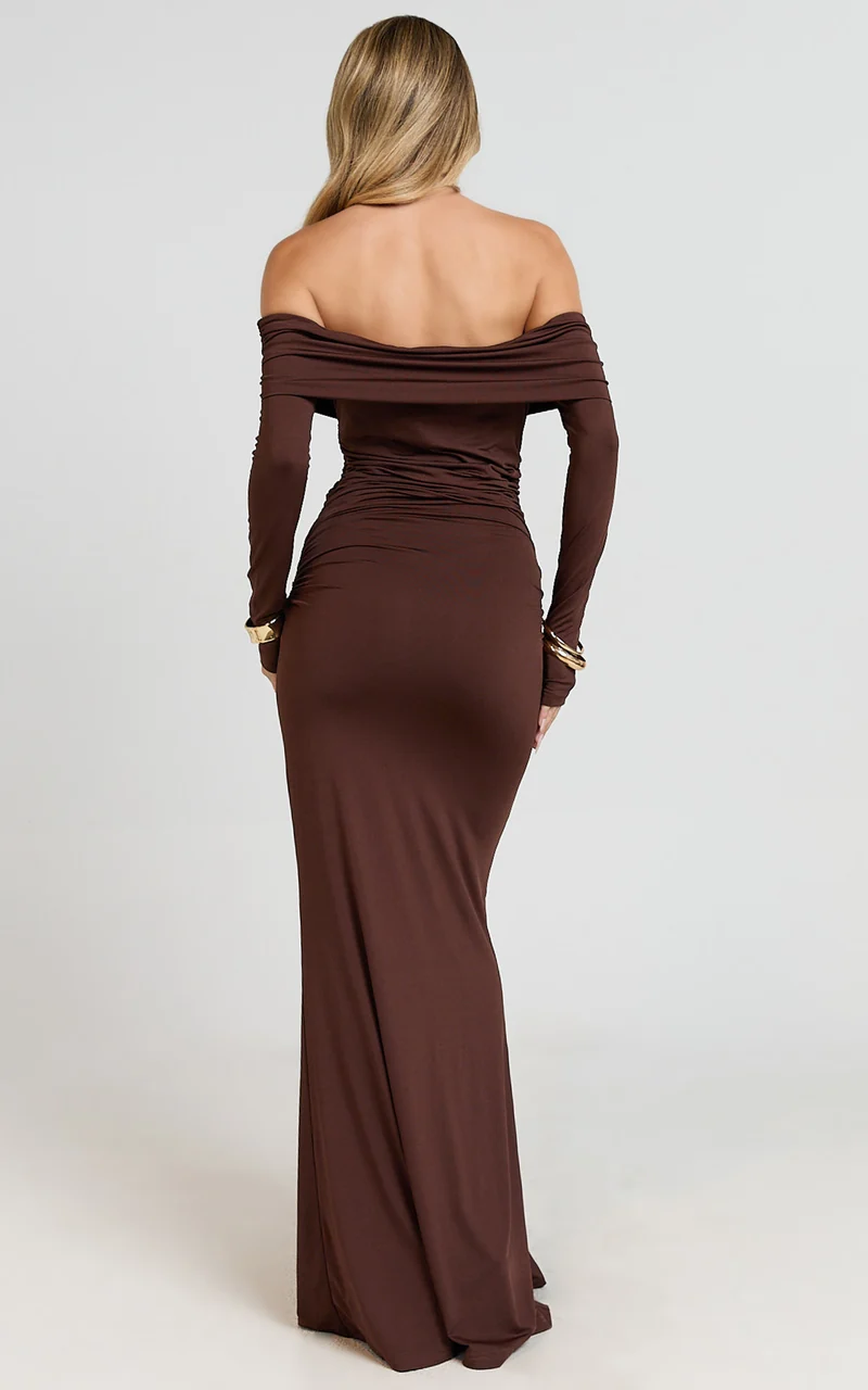 Trish Maxi Dress - Off Shoulder Hardware Trim Bodycon Dress in Chocolate