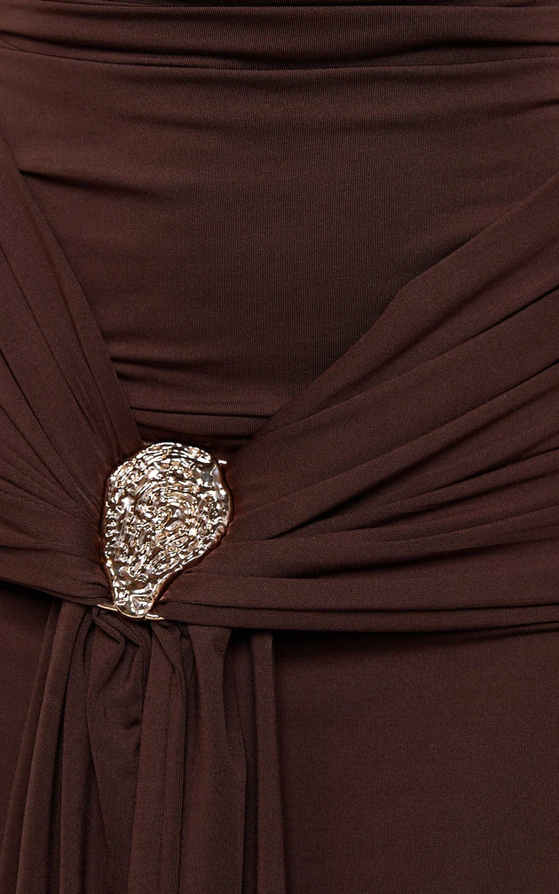 Trish Maxi Dress - Off Shoulder Hardware Trim Bodycon Dress in Chocolate