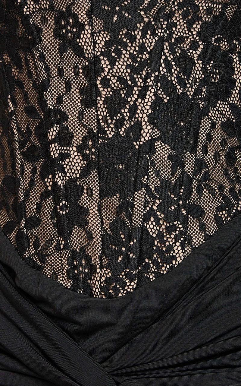Tiana Mini Dress - Strapless Plunge Neck Lace Dress in Black