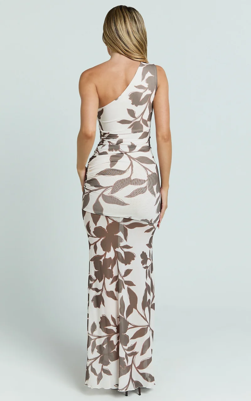 Schiffer Maxi Dress - One Shoulder Ruched Bodycon Dress in Neutral Floral Print