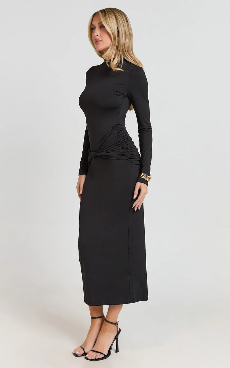 Amelita Midi Dress - Long Sleeve Knot Detail Dress in Black