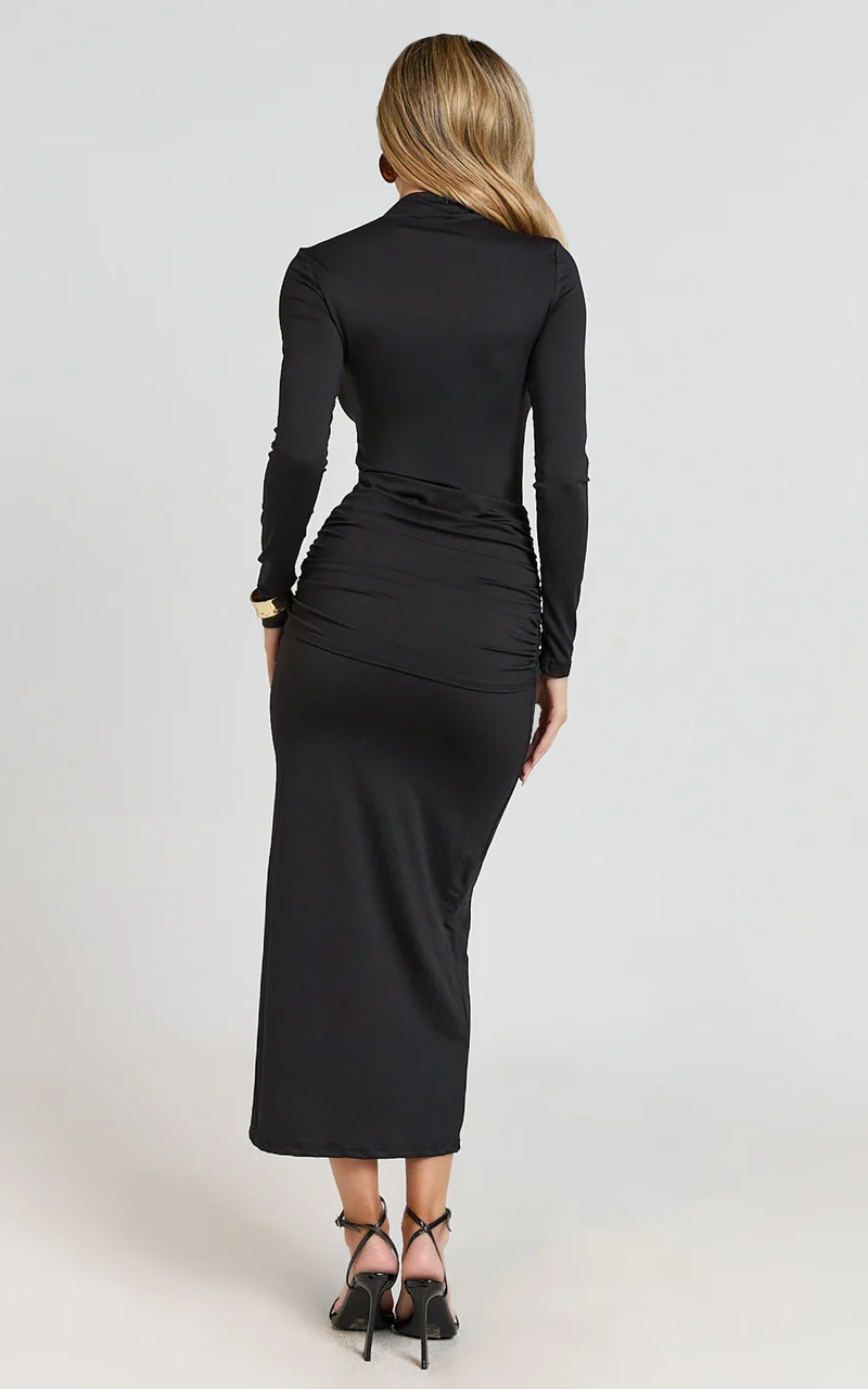 Amelita Midi Dress - Long Sleeve Knot Detail Dress in Black
