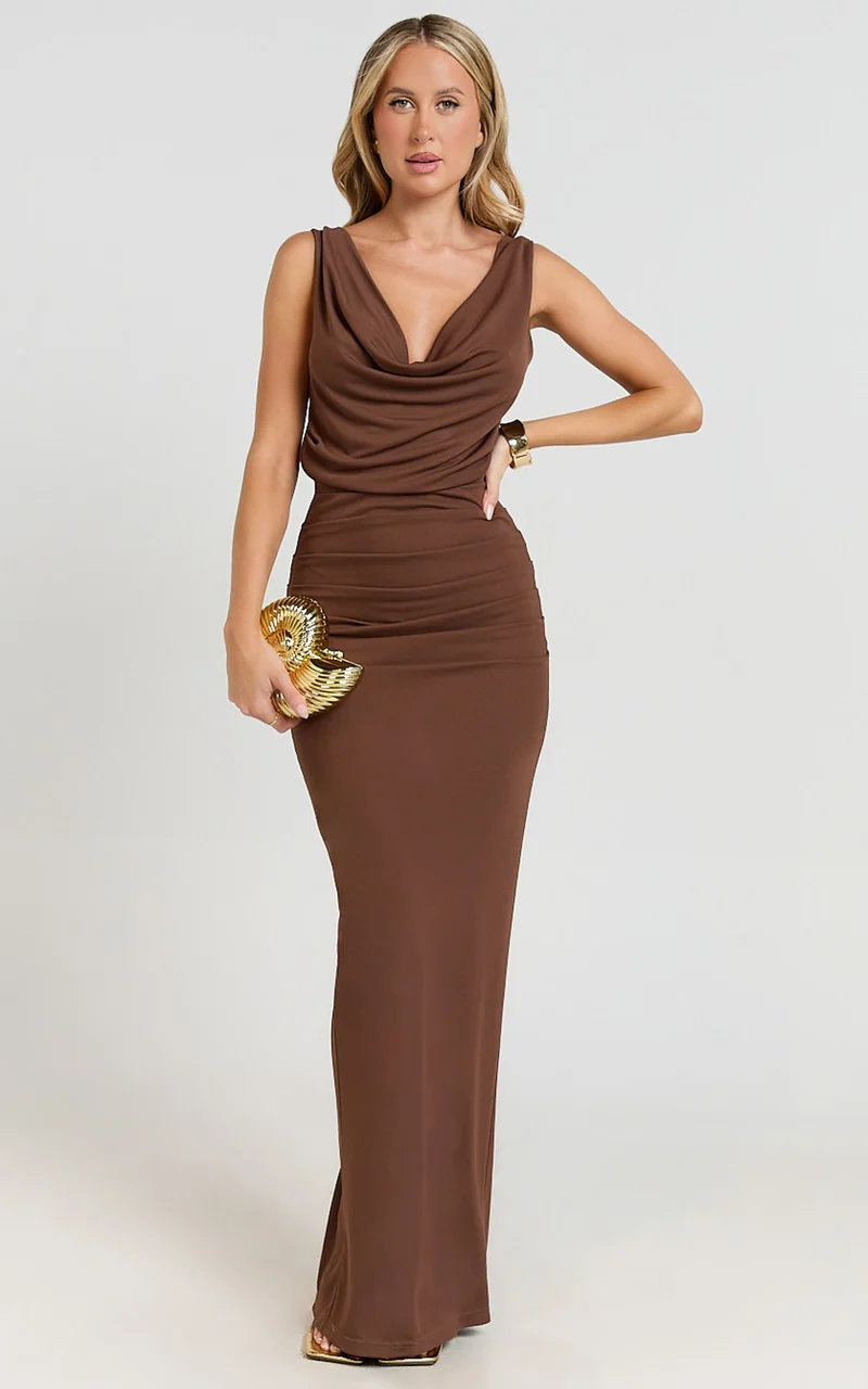 Cassidy Maxi Dress - Jersey Plunge Hardware Shoulder Trim Bodycon Dress in Chocolate