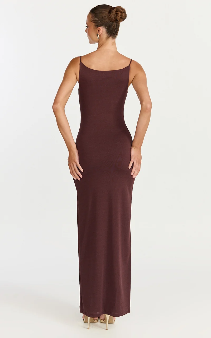 Audette Maxi Dress - Boat Neck Ruched Fitted Dress in Chocolate