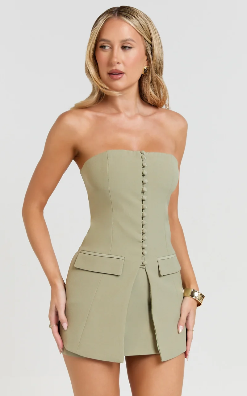 Monroe Two Piece Set - Strapless Button Down Longline Vest Top and High Waisted Mini Skirt in Sage