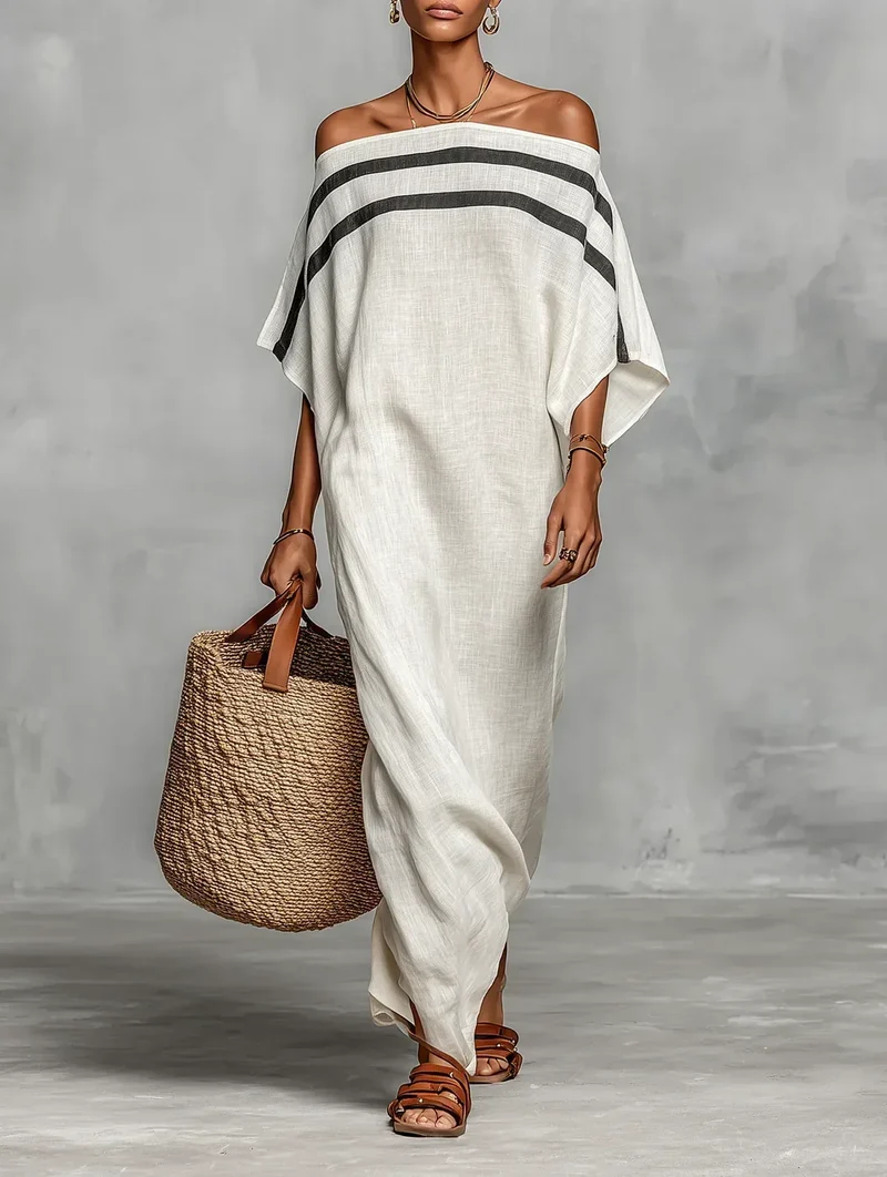 Naiara | Striped Linen Off-the-Shoulder Maxi Dress