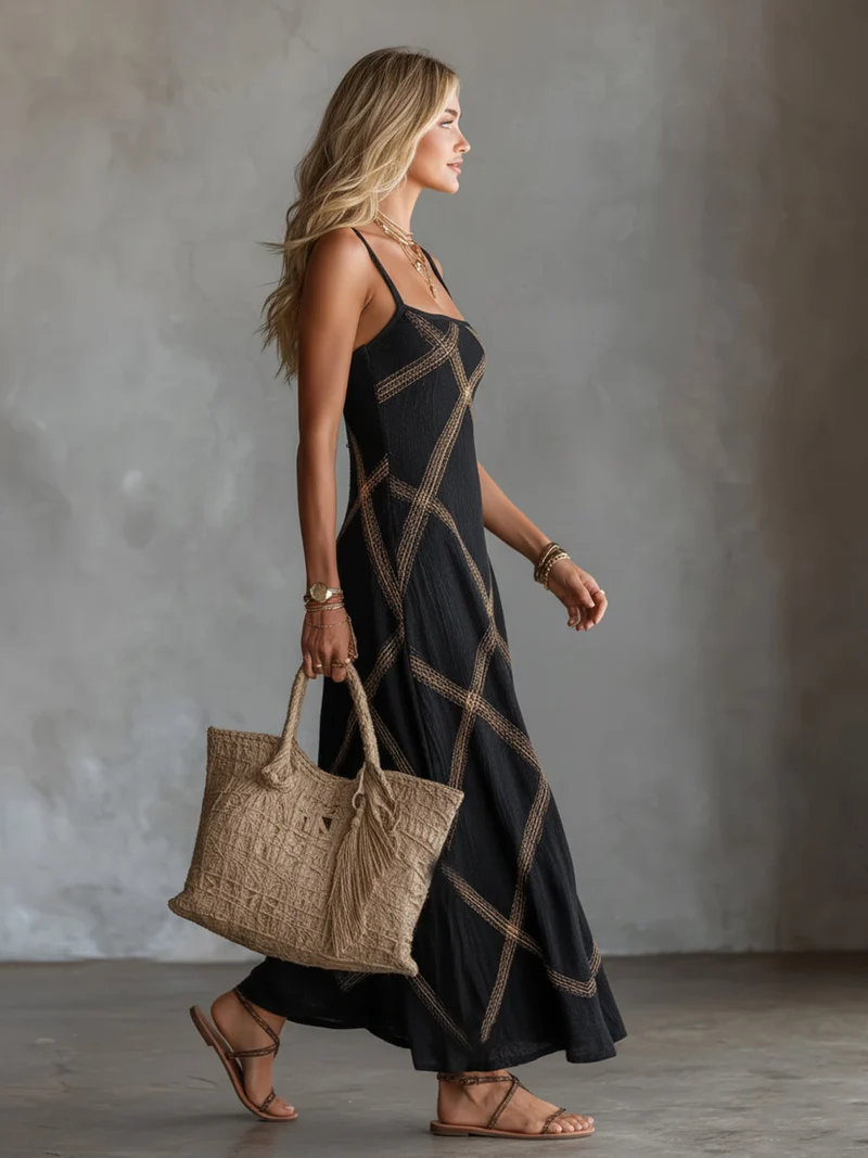 Victorina | Black and Camel Geometric Dress