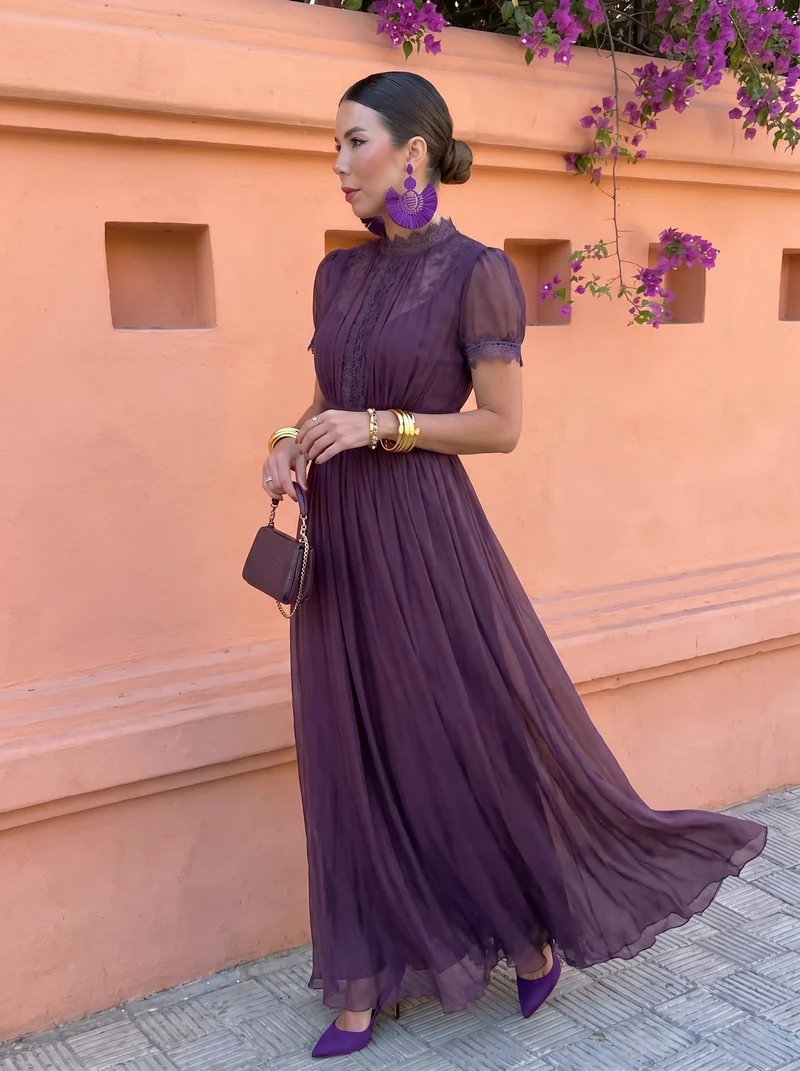 Katerina | Aubergine high-neck maxi dress with puff sleeves