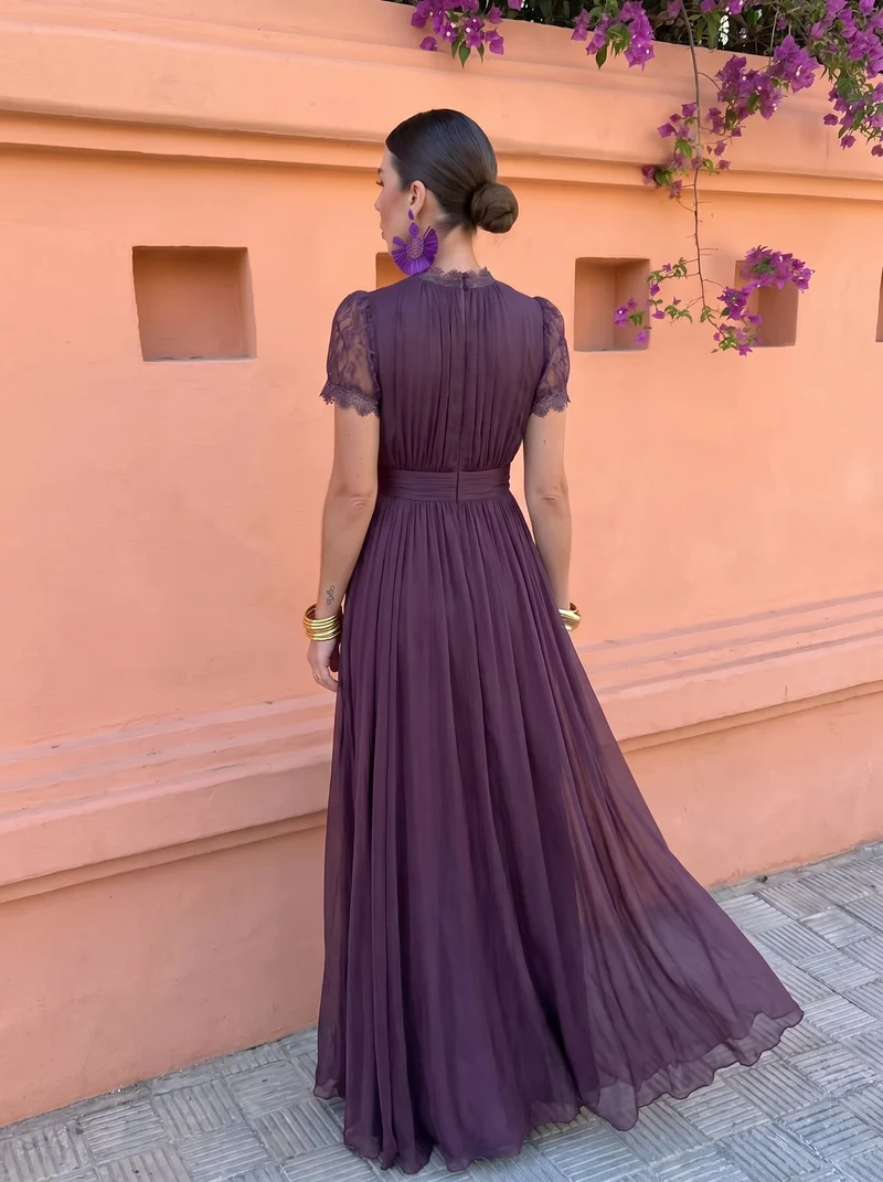 Katerina | Aubergine high-neck maxi dress with puff sleeves