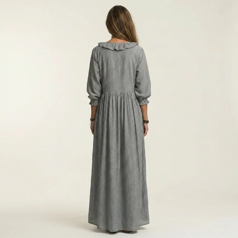 Yosetta | Ruffled V-Neck Striped Lantern Sleeve Maxi Dress