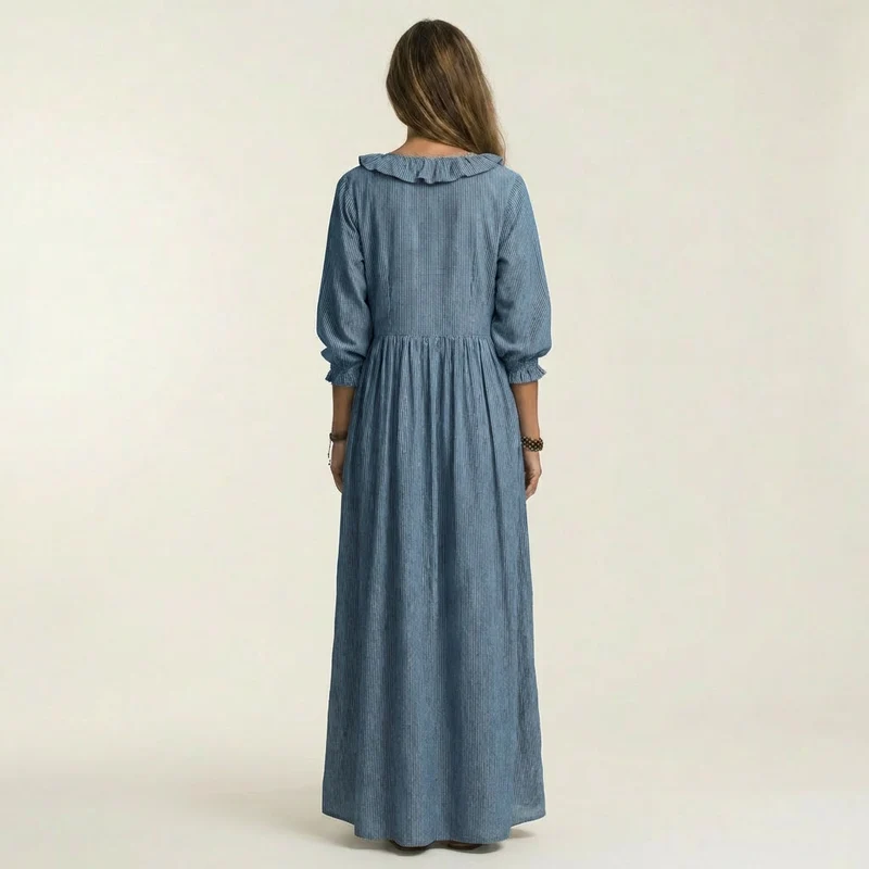 Yosetta | Ruffled V-Neck Striped Lantern Sleeve Maxi Dress