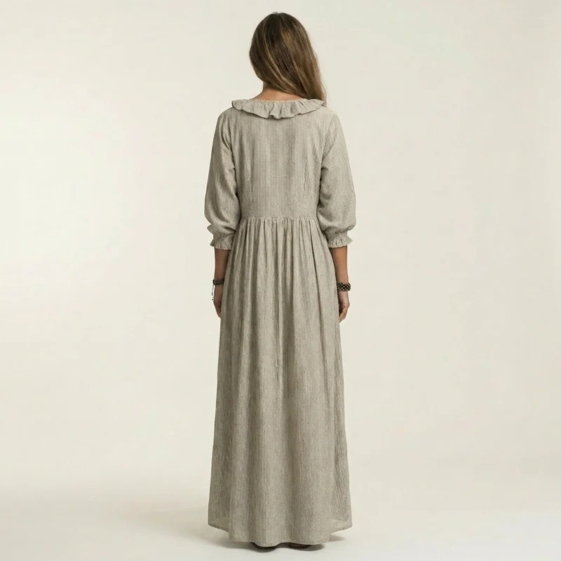 Yosetta | Ruffled V-Neck Striped Lantern Sleeve Maxi Dress