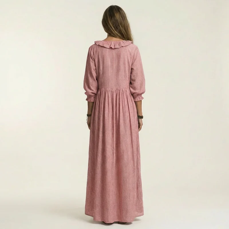 Yosetta | Ruffled V-Neck Striped Lantern Sleeve Maxi Dress