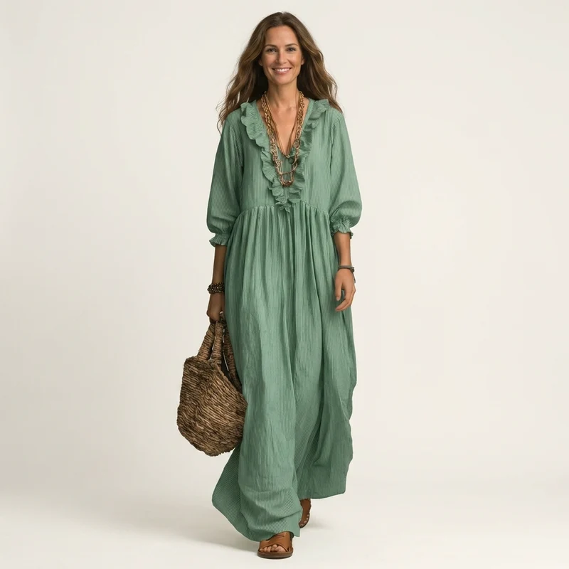 Yosetta | Ruffled V-Neck Striped Lantern Sleeve Maxi Dress