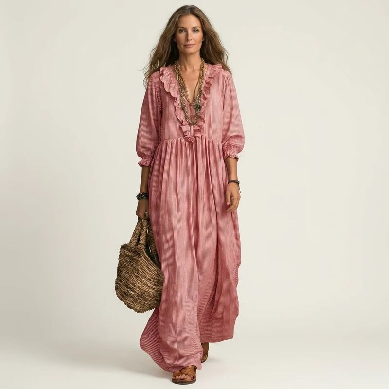Yosetta | Ruffled V-Neck Striped Lantern Sleeve Maxi Dress