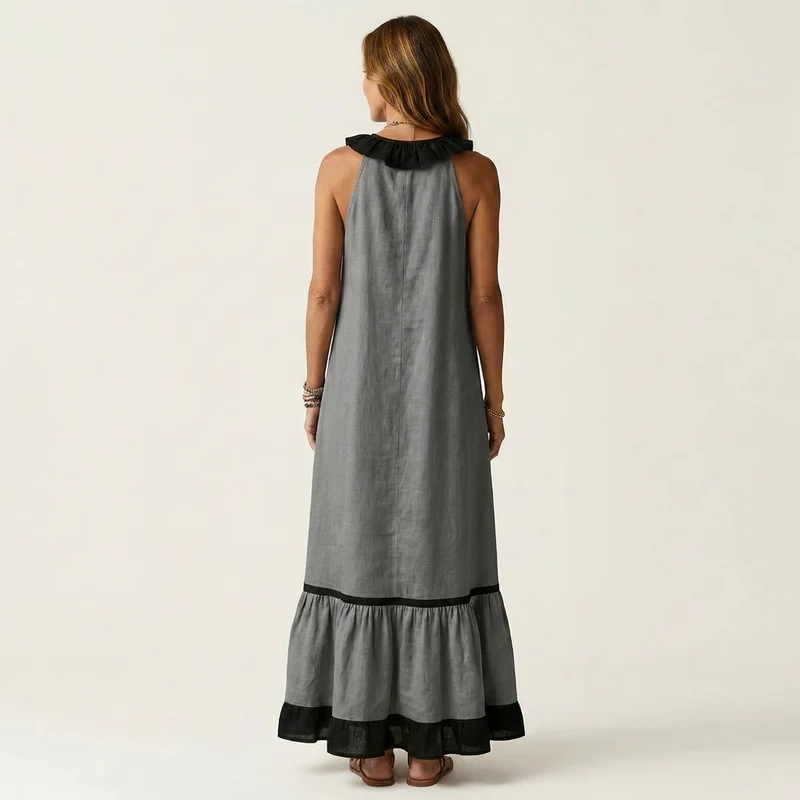 Mayline | Ruffle-Neck Contrast-Trim Sleeveless Maxi Dress