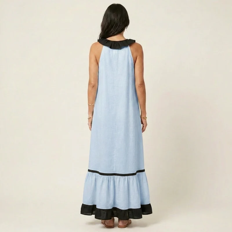 Mayline | Ruffle-Neck Contrast-Trim Sleeveless Maxi Dress