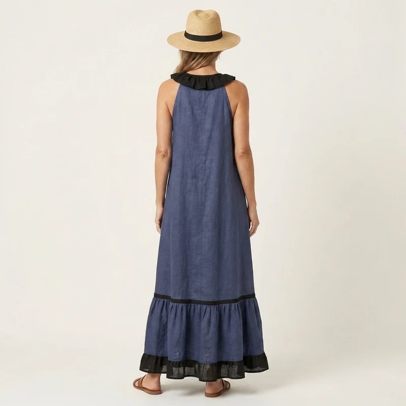 Mayline | Ruffle-Neck Contrast-Trim Sleeveless Maxi Dress