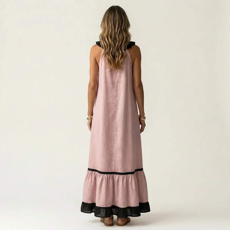 Mayline | Ruffle-Neck Contrast-Trim Sleeveless Maxi Dress