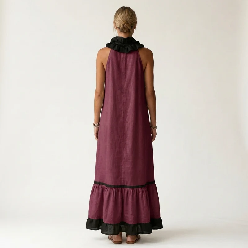 Mayline | Ruffle-Neck Contrast-Trim Sleeveless Maxi Dress