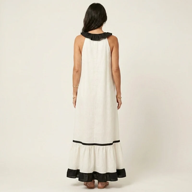 Mayline | Ruffle-Neck Contrast-Trim Sleeveless Maxi Dress