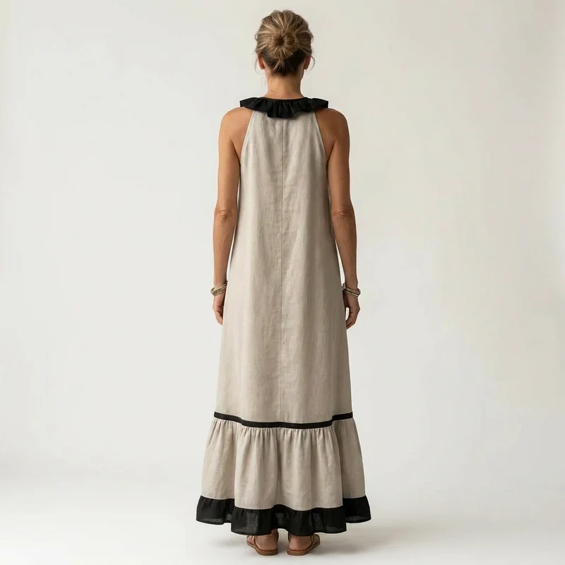 Mayline | Ruffle-Neck Contrast-Trim Sleeveless Maxi Dress