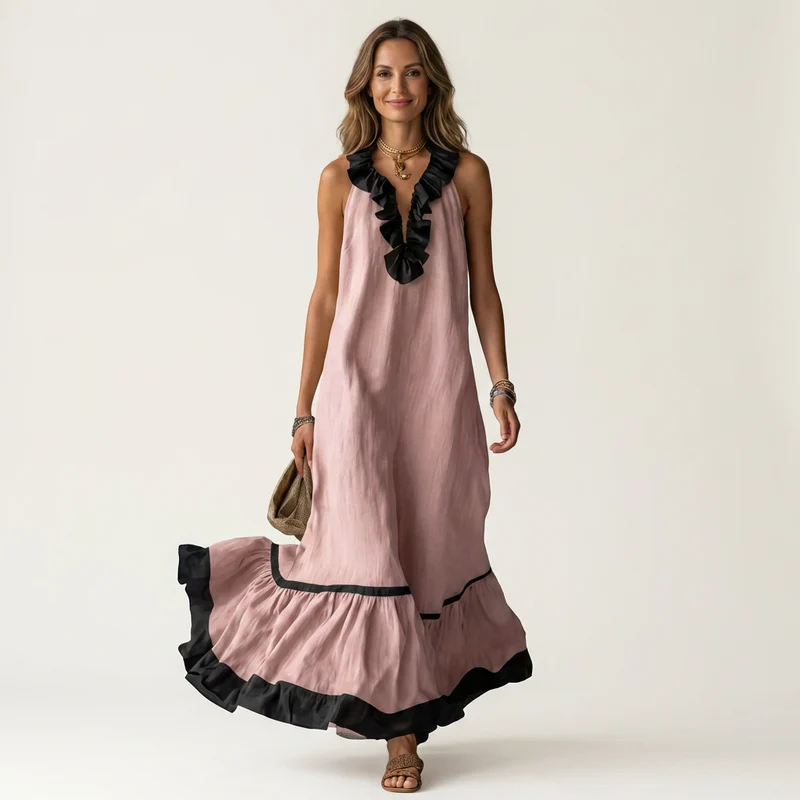 Mayline | Ruffle-Neck Contrast-Trim Sleeveless Maxi Dress