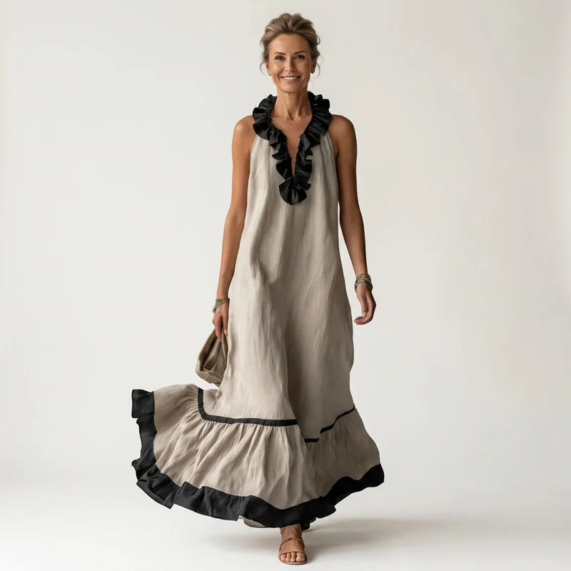 Mayline | Ruffle-Neck Contrast-Trim Sleeveless Maxi Dress