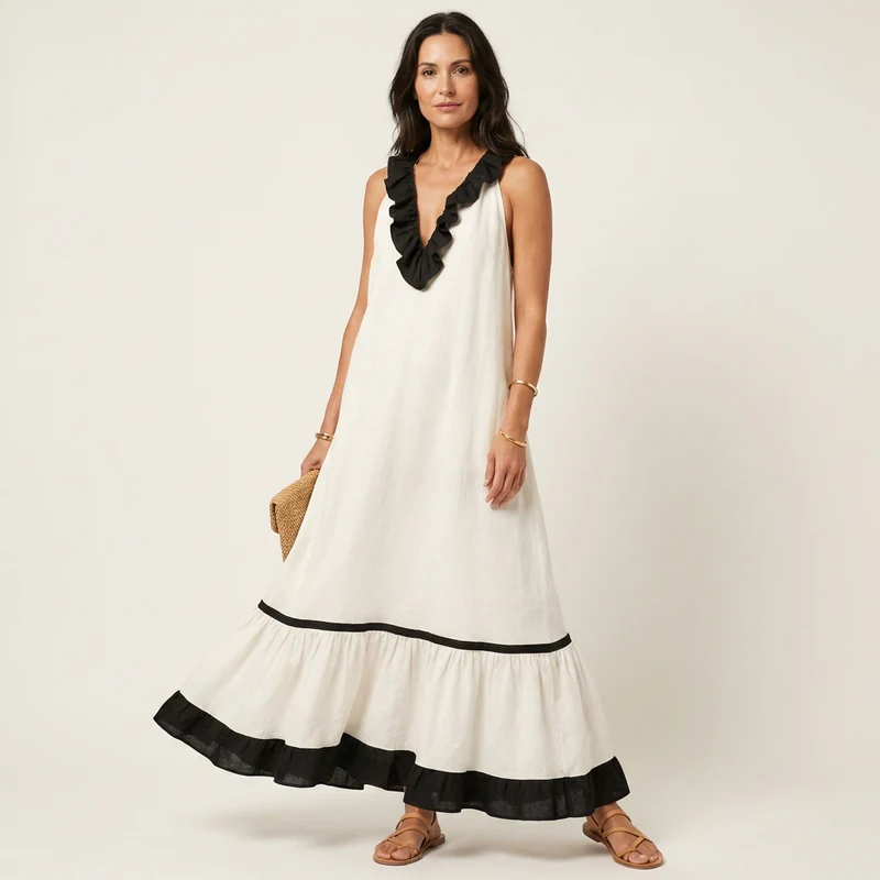 Mayline | Ruffle-Neck Contrast-Trim Sleeveless Maxi Dress