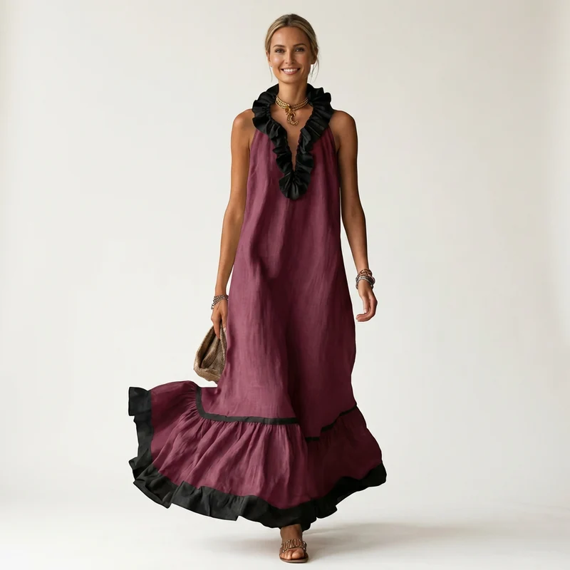 Mayline | Ruffle-Neck Contrast-Trim Sleeveless Maxi Dress