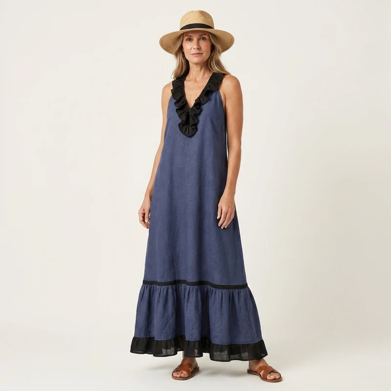 Mayline | Ruffle-Neck Contrast-Trim Sleeveless Maxi Dress