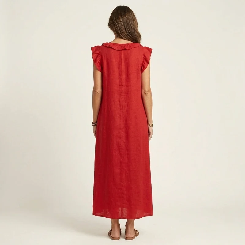 Josette | Ruffled V-Neck Linen Maxi Dress