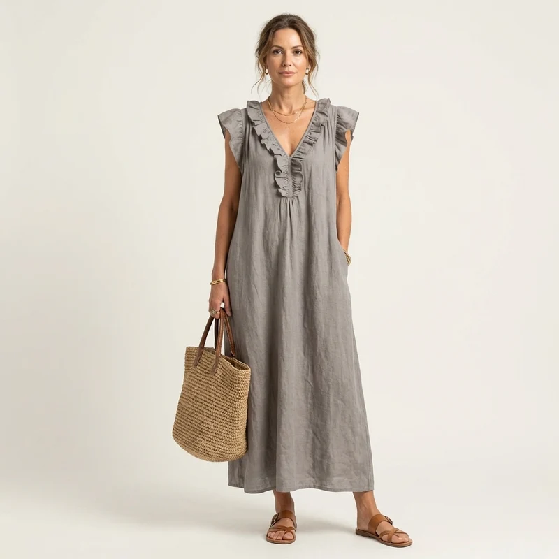 Josette | Ruffled V-Neck Linen Maxi Dress