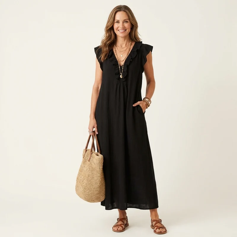 Josette | Ruffled V-Neck Linen Maxi Dress