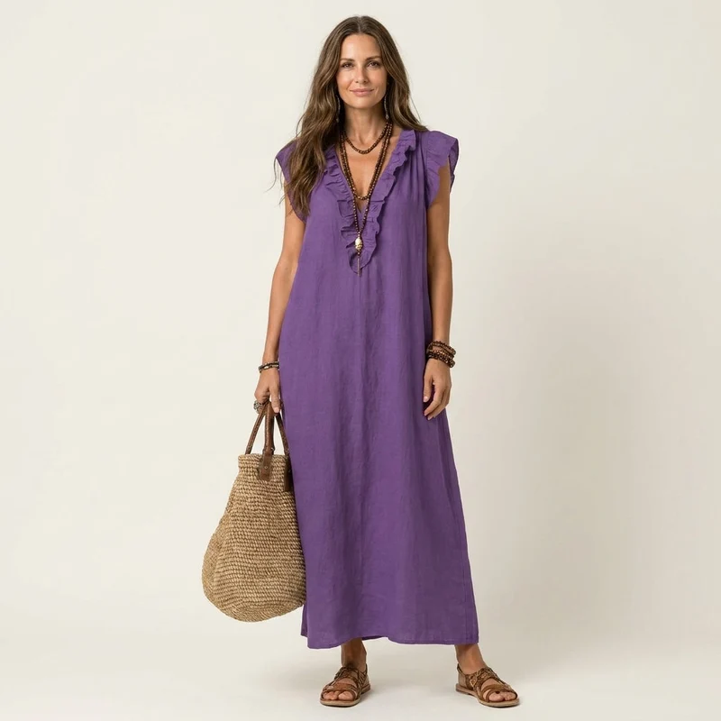 Josette | Ruffled V-Neck Linen Maxi Dress