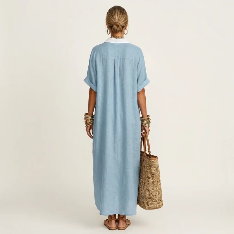Kamira | Contrast Collar Short Sleeve Maxi Shirt Dress
