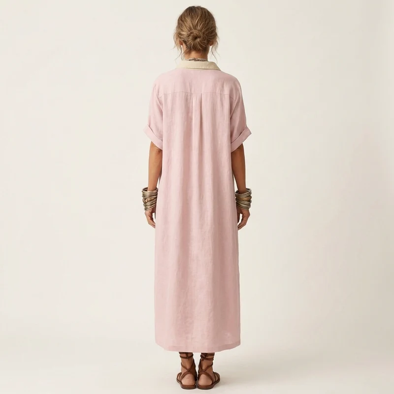 Kamira | Contrast Collar Short Sleeve Maxi Shirt Dress