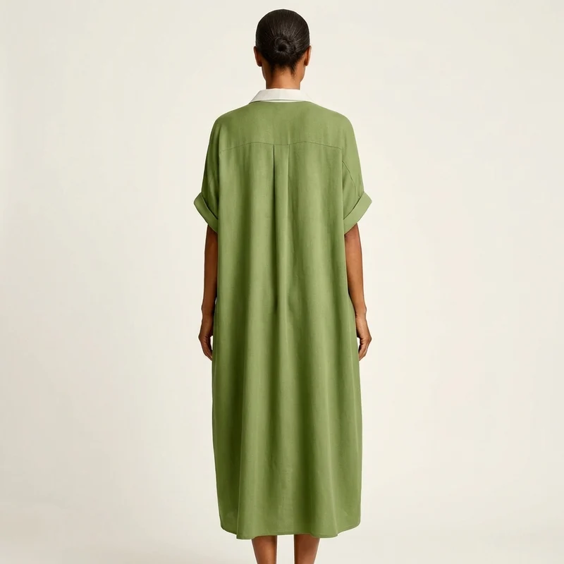 Kamira | Contrast Collar Short Sleeve Maxi Shirt Dress