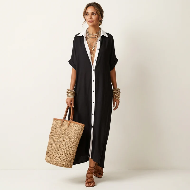Kamira | Contrast Collar Short Sleeve Maxi Shirt Dress