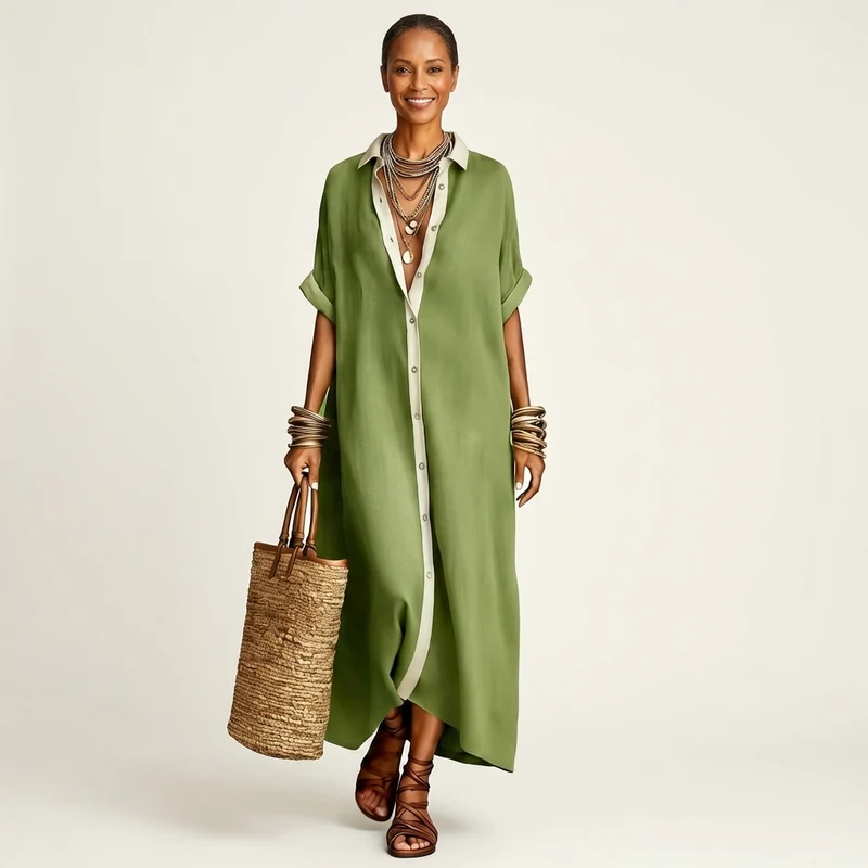 Kamira | Contrast Collar Short Sleeve Maxi Shirt Dress