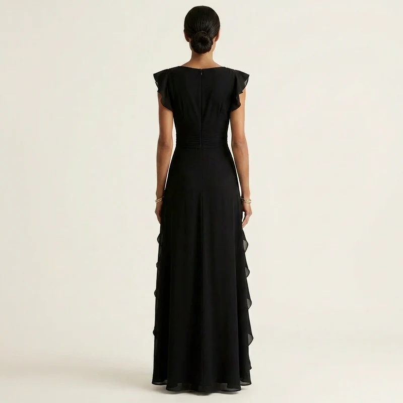 Nellyana | V-Neck Crossover Maxi Dress with Butterfly Sleeves and Tiered Ruffles