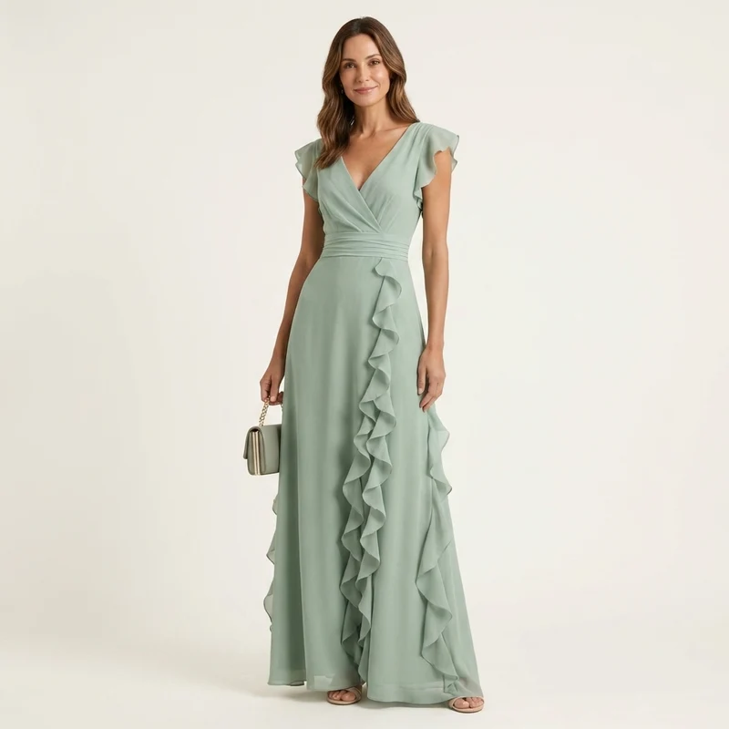 Nellyana | V-Neck Crossover Maxi Dress with Butterfly Sleeves and Tiered Ruffles
