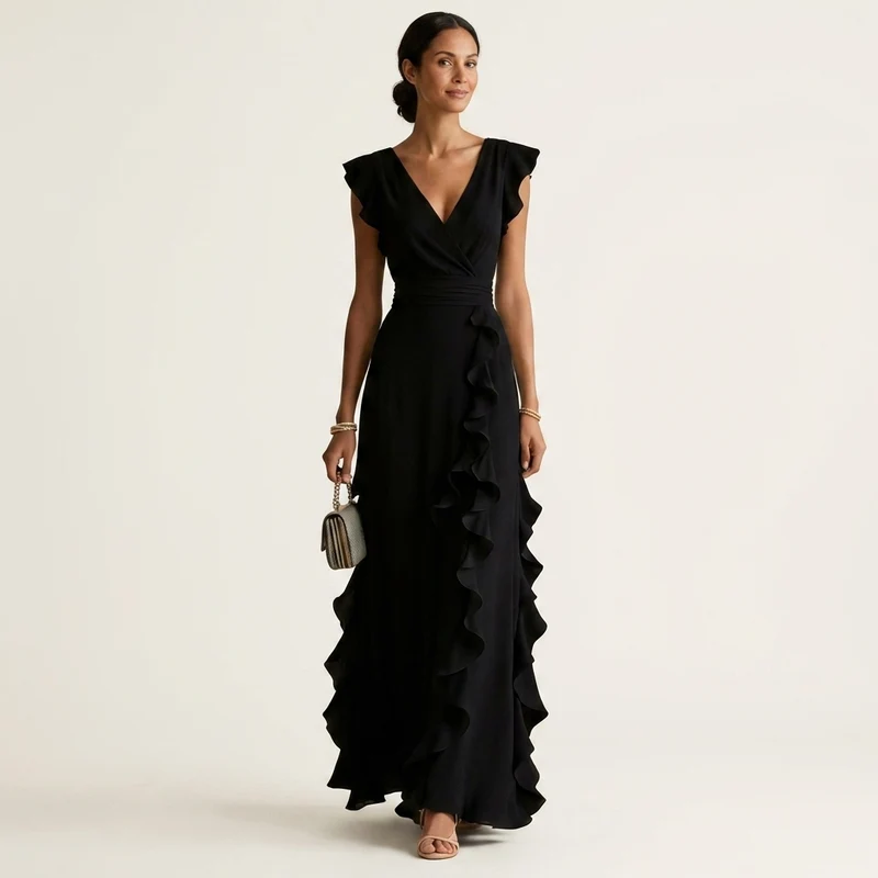 Nellyana | V-Neck Crossover Maxi Dress with Butterfly Sleeves and Tiered Ruffles