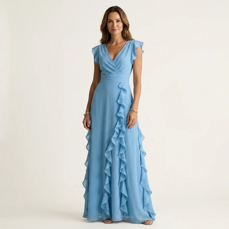 Nellyana | V-Neck Crossover Maxi Dress with Butterfly Sleeves and Tiered Ruffles